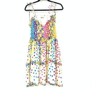 All Things Mochi Blessica Tiered Mini Dress Womens Sz L Silk Rainbow Polka Dots